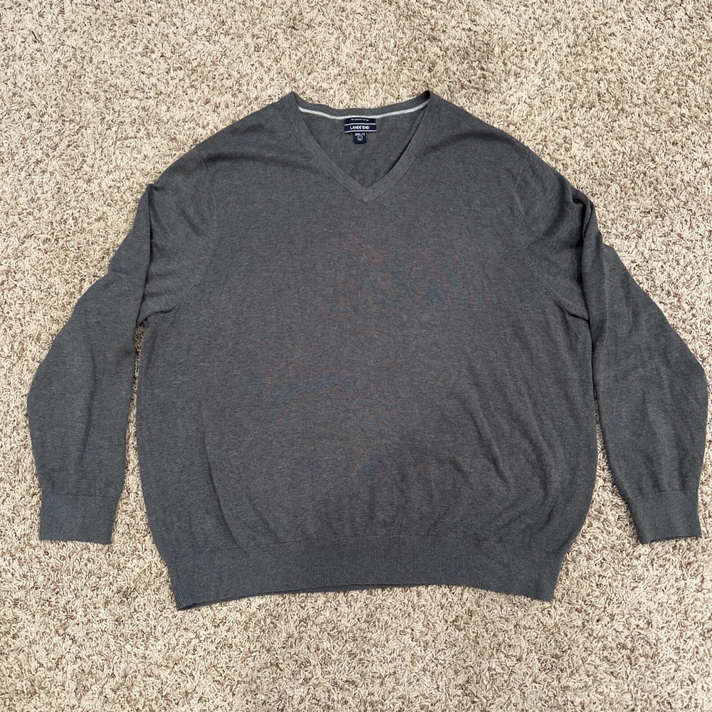 Lands' End Mens V-Neck Sweater Size 3XL/T 54-56 Gray Pullover 100% Supima Cotton